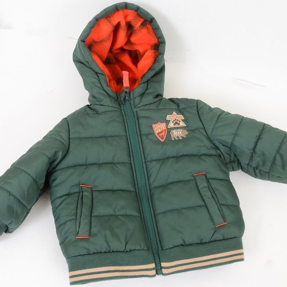 Just‎ One You by Carter's Green w/ Patches Hooded Puffer Jacket Infant 12M Boys